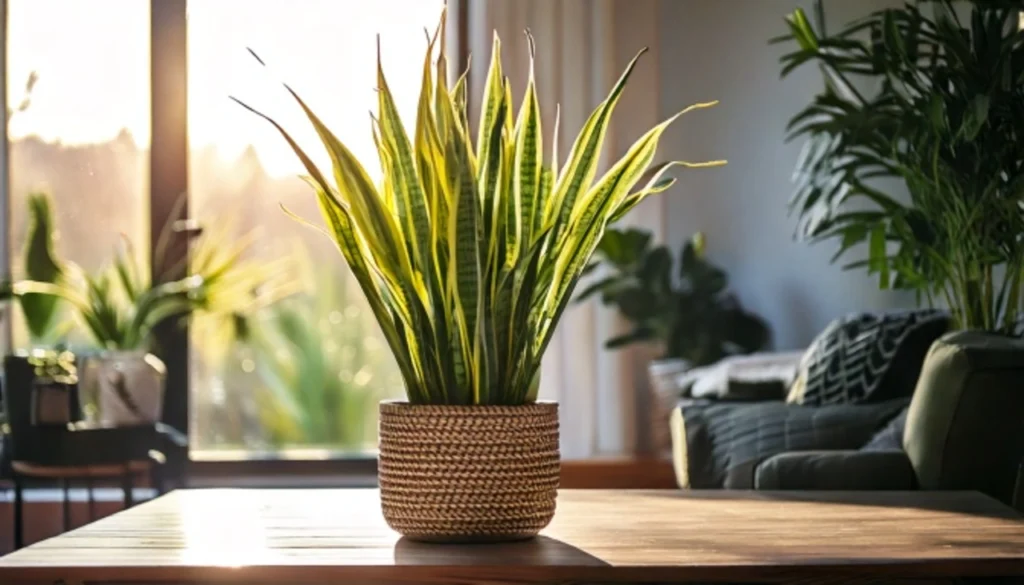 A vibrant snake plant in a stylish indoor setting with natural sunlight