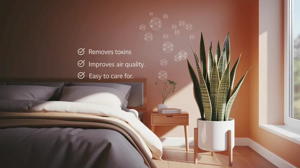 A snake plant in a bright bedroom with floating air bubbles representing air purification.