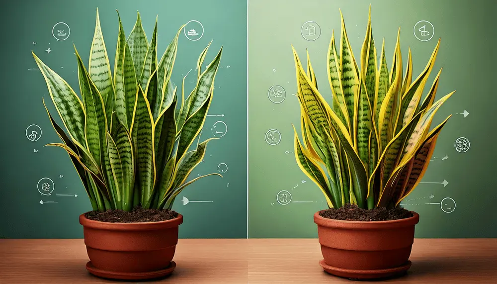 A side-by-side comparison of a healthy snake plant and one with yellow, drooping leaves.