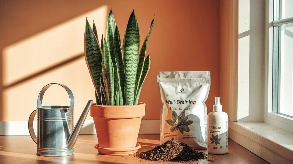 A well-maintained snake plant next to a watering can, soil, and plant fertilizer