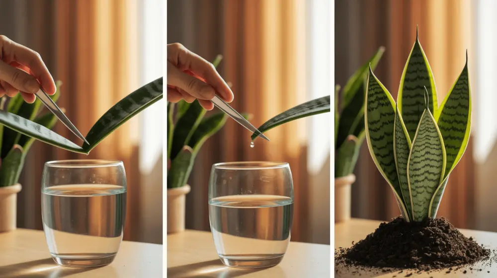 A step-by-step process of snake plant propagation, showing cuttings in water and soil.