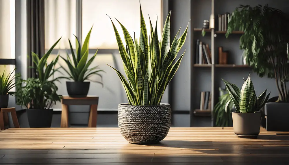 A time-lapse collage showing a small snake plant growing into a tall, mature plant.