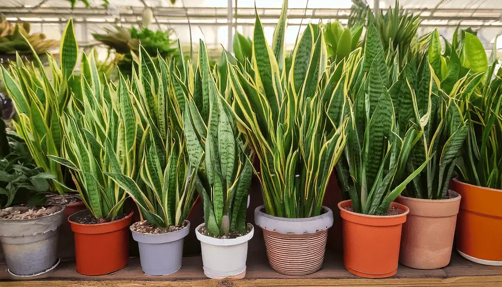 A collection of different snake plant varieties in stylish pots, showcasing unique leaf shapes and colors.