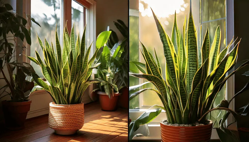 A split-screen image of a snake plant thriving indoors and another growing outdoors in a garden.