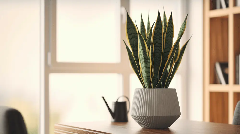 A healthy snake plant in a modern living room, placed near a window with natural light.