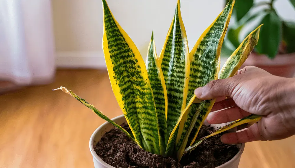 Overwatered Snake Plant with yellowing leaves