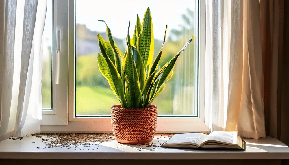 Snake Plant placed in sunlight with a watering schedule note