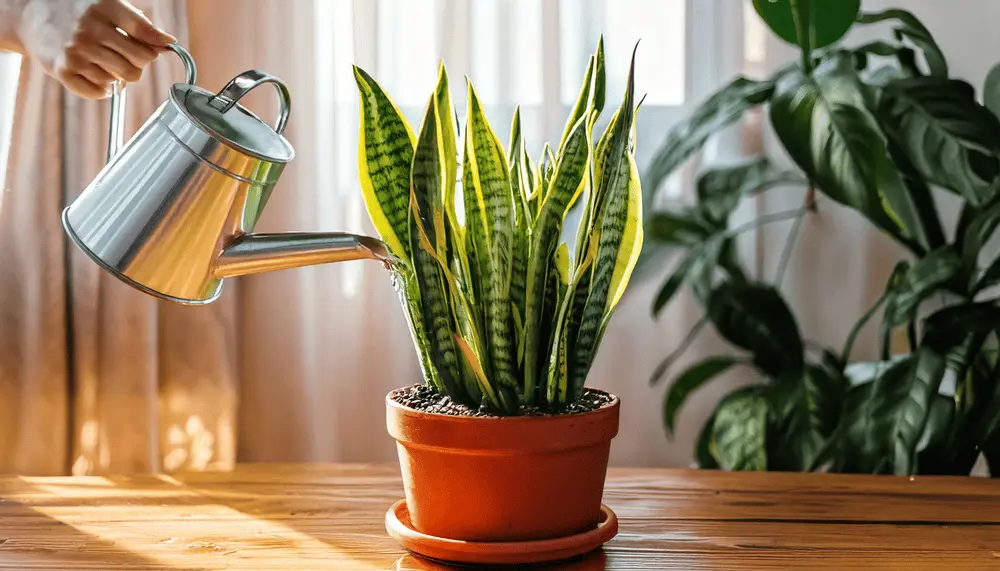 Watering a Snake Plant with a small watering can